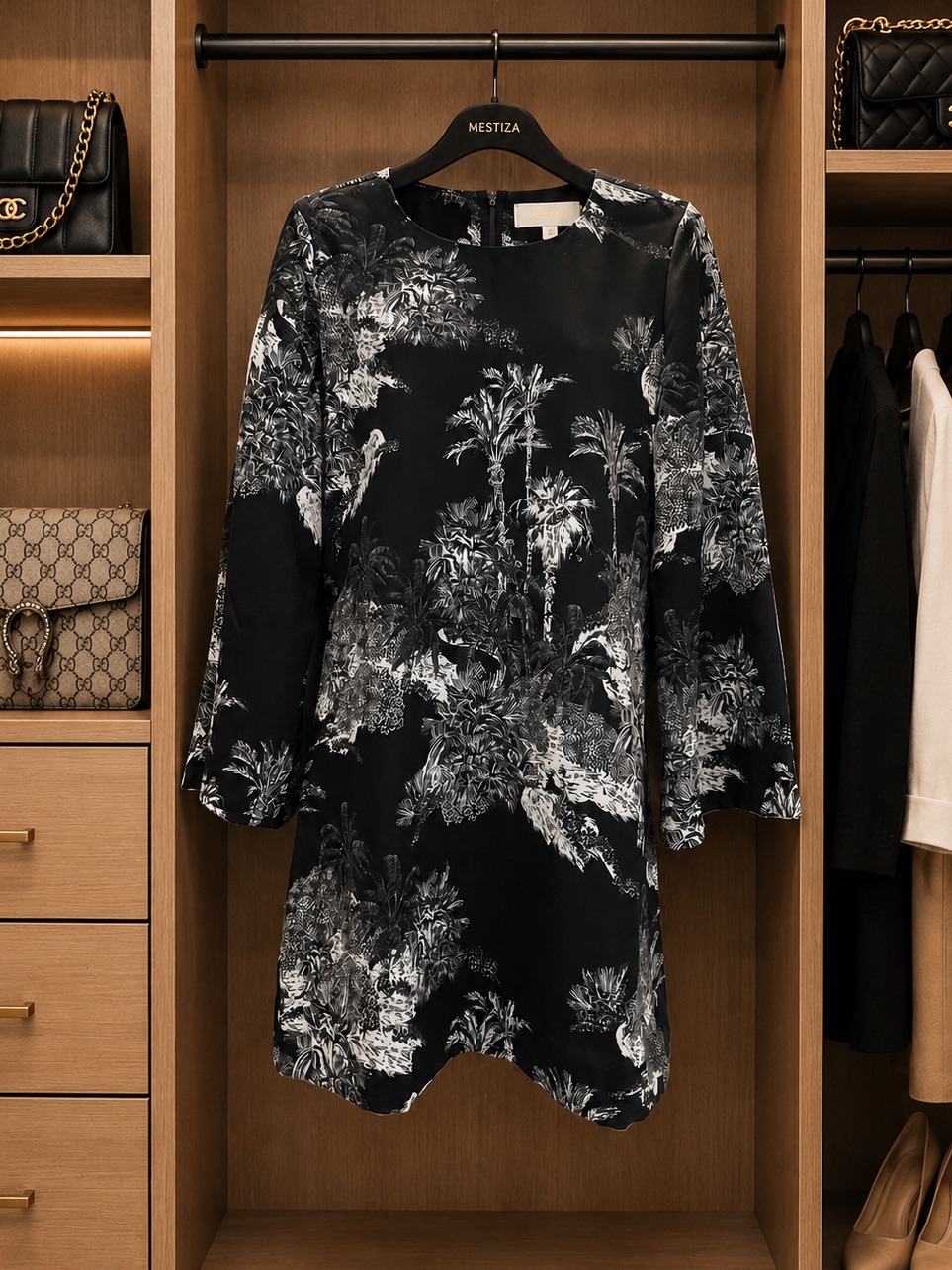 Mestiza New York Palm Toile Bell Sleeve Shift Dress Navy Ivory Size Small (Nwot)
